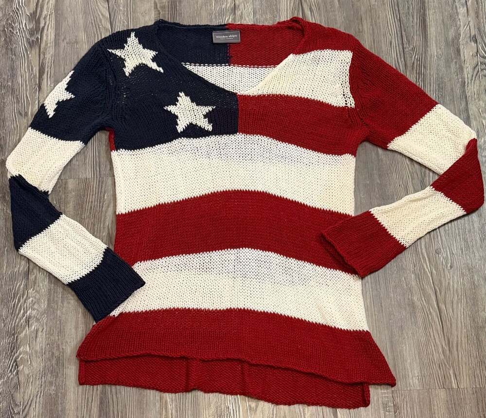 Wooden Ships Flag V Sweater Size XS/S Red White Blue American Flag Knit